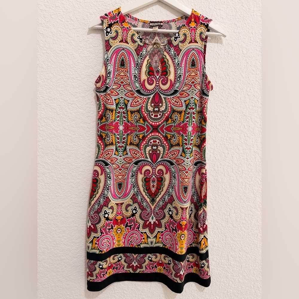 Haani Colorful Paisley Dress | Gold Detail Rhinestone Neckline Stretch Fit